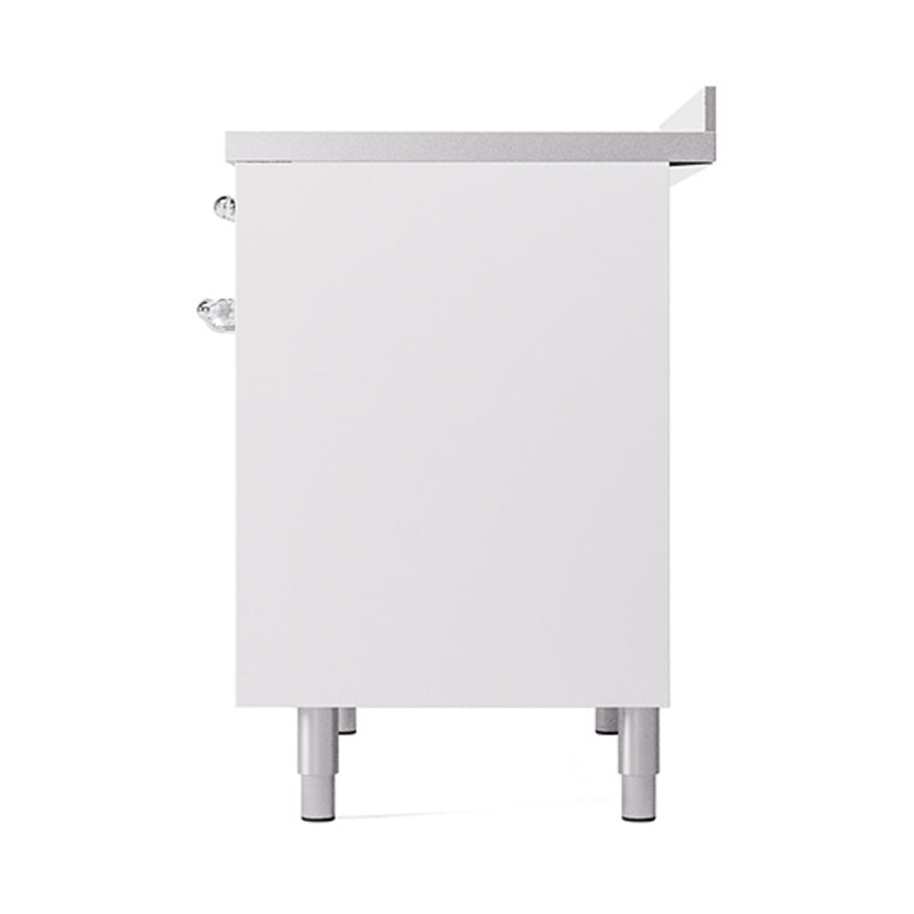 White oven enclosure side view with legs and chrome handle hardware