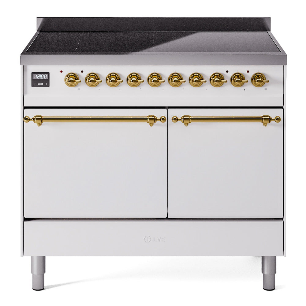 White induction range with brass-trim knobs, dual oven doors, and control panel