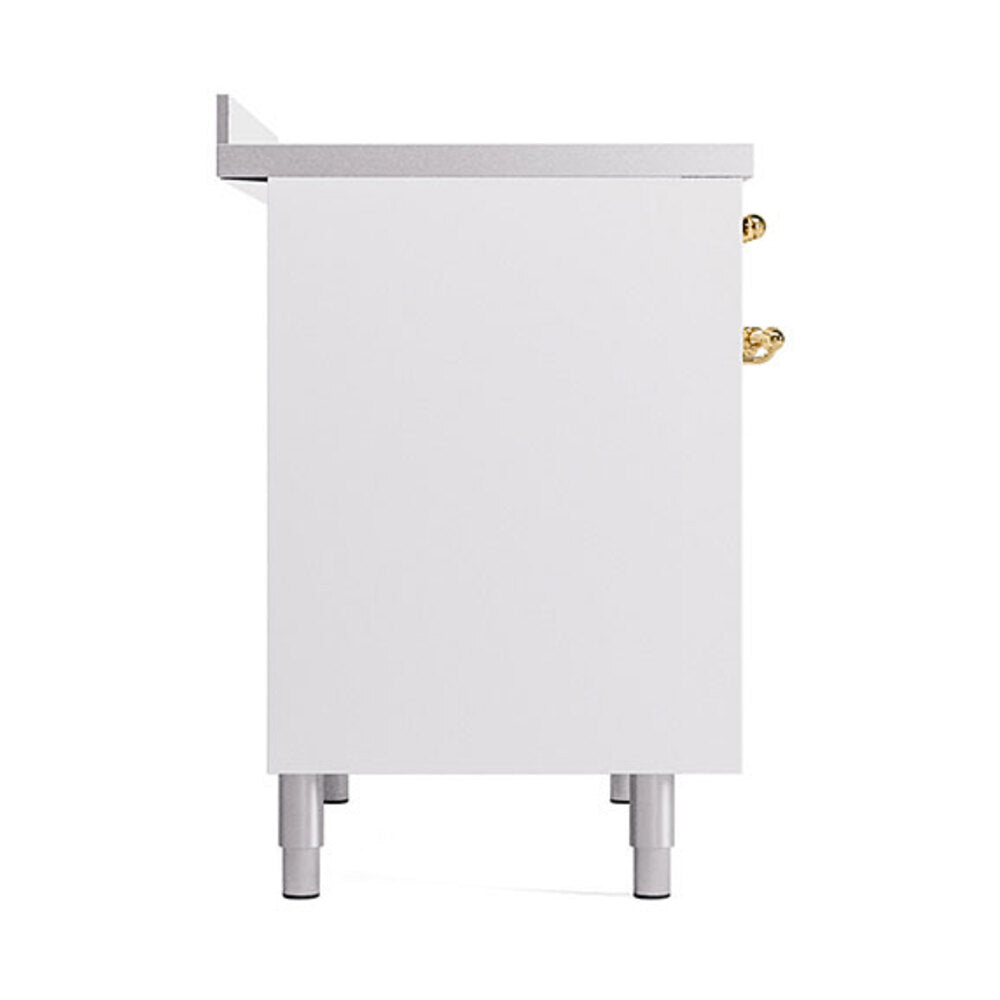 White oven door panel with brass hinge and gray side feet
