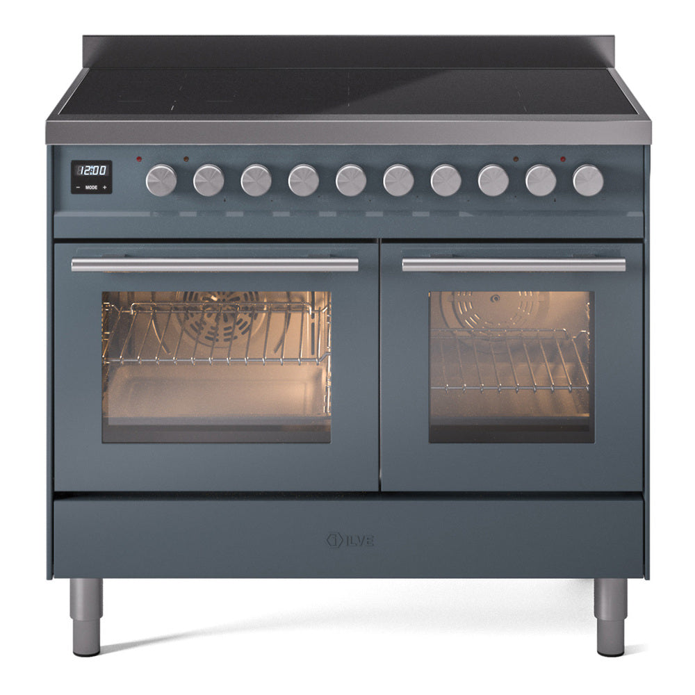 Blue-grey induction range with both oven doors open, burners and racks visible