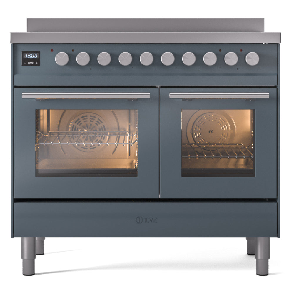 Blue-grey induction range with two oven doors, side-by-side stainless control panel knobs