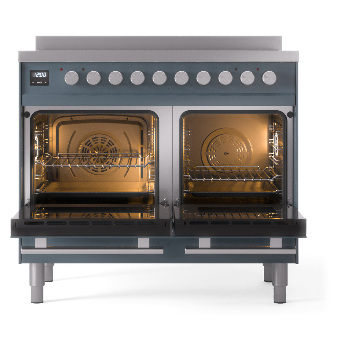 Blue-grey induction range front view with both oven doors open and wire racks inside