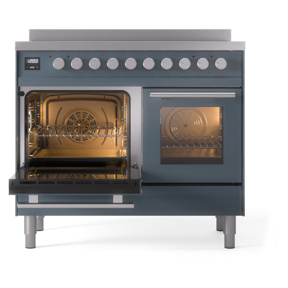 Blue-grey induction range with left oven door open and right oven door closed