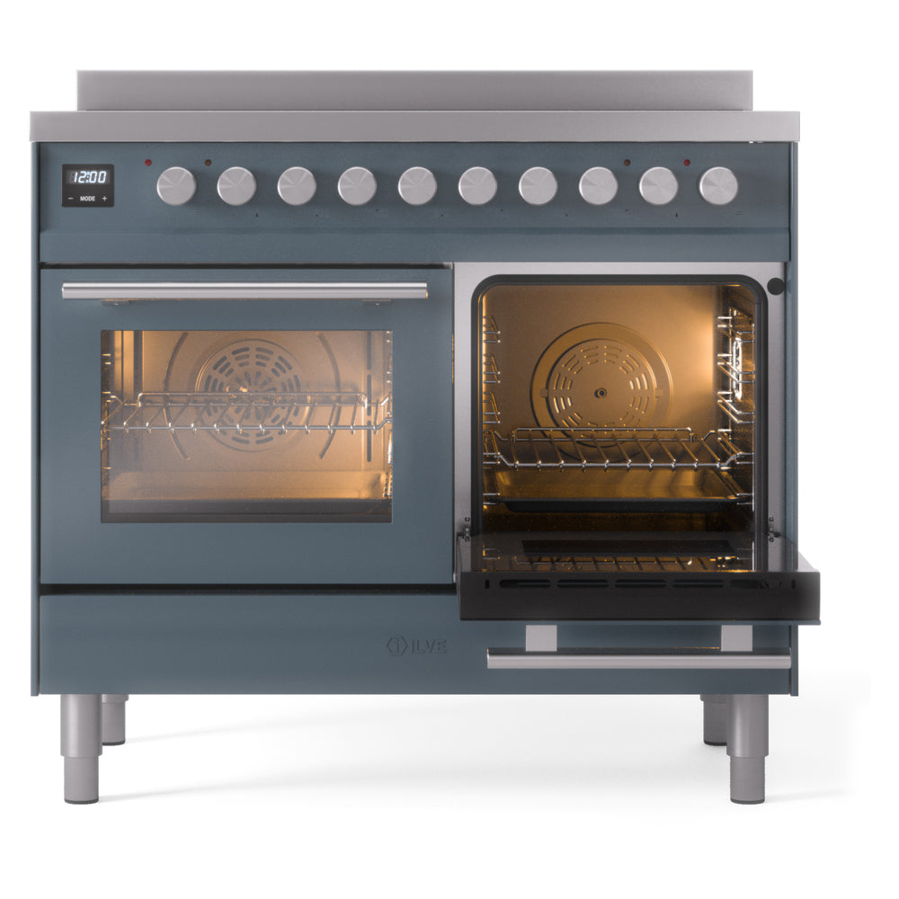 Blue-grey induction range with right oven door open and left oven door closed