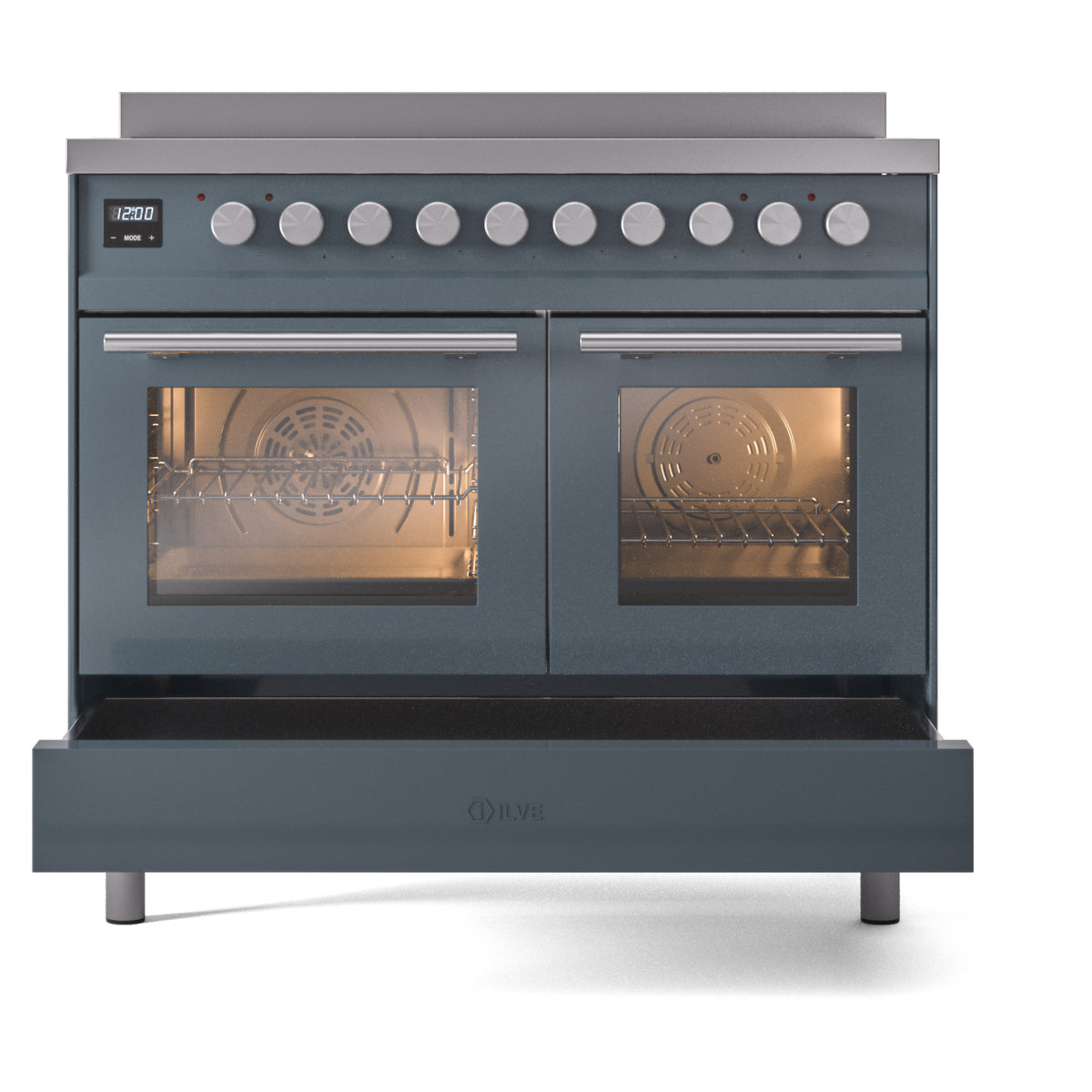 Blue-grey induction range front with both oven doors closed and two horizontal oven handles