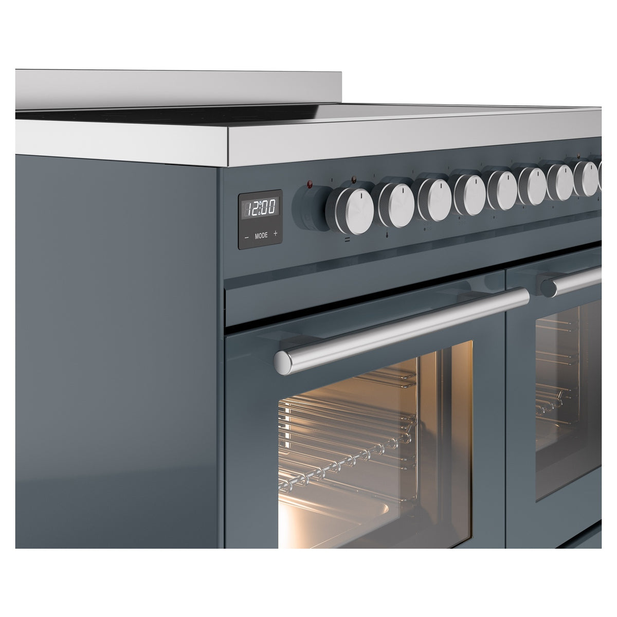 Blue-grey induction range control knobs and oven handle with oven window partially open