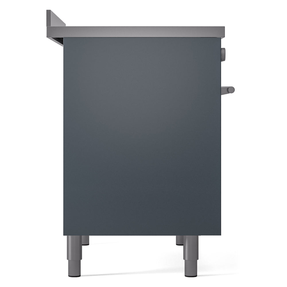 Bottom side of blue-grey induction range with leveling feet and rear vent cutouts