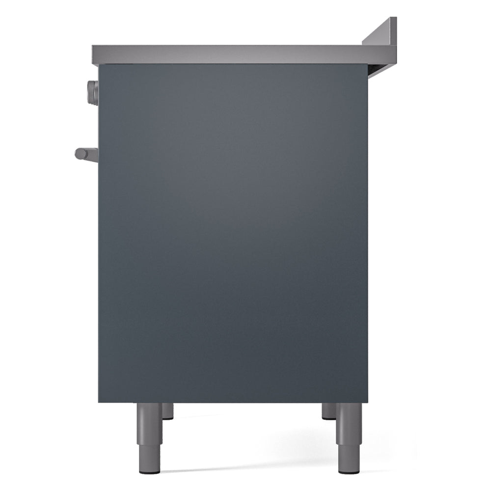 Rear side panel of blue-grey induction range with leveling feet and corner tabs