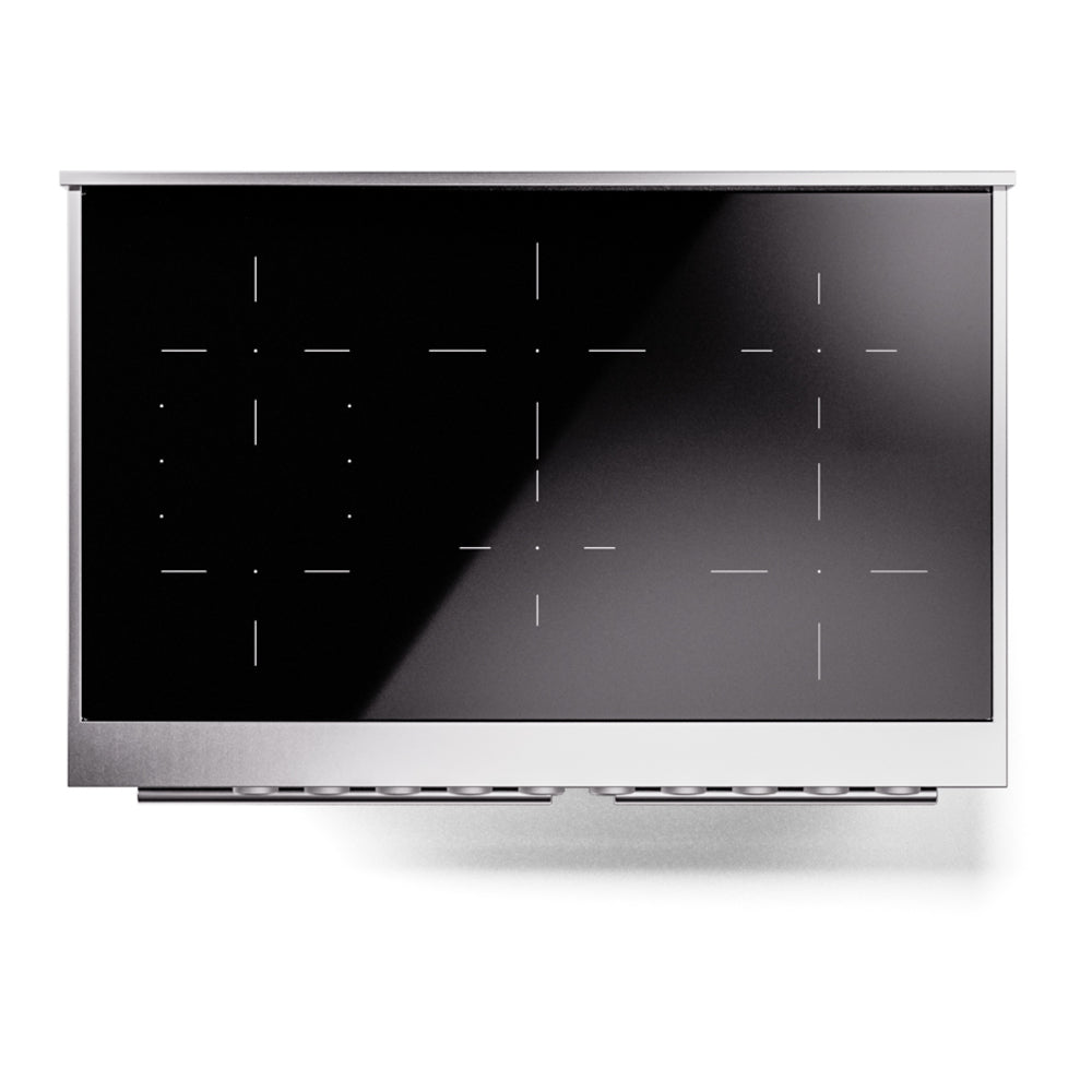Induction range oven door window with heat-variant markings on dark glass
