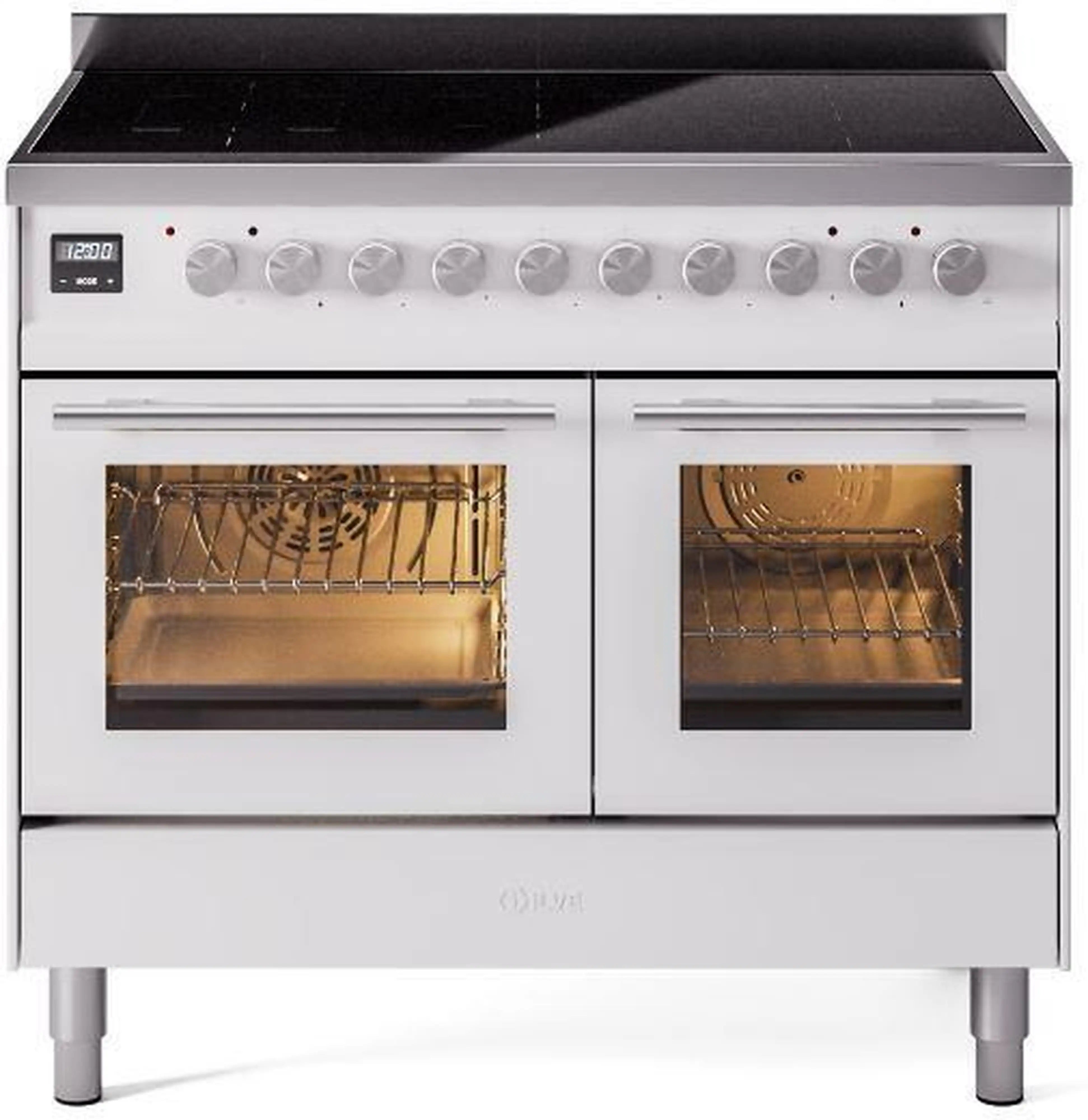 White induction range with oven doors open and interior racks visible in both cavities.