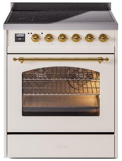 Antique white induction range with brass knobs and oven door open with racks inside