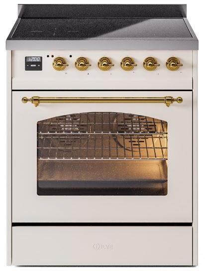 ILVE Nostalgie II 30-Inch Freestanding Electric Induction Range in Antique White with Brass Trim (UPI304NMPAWG)
