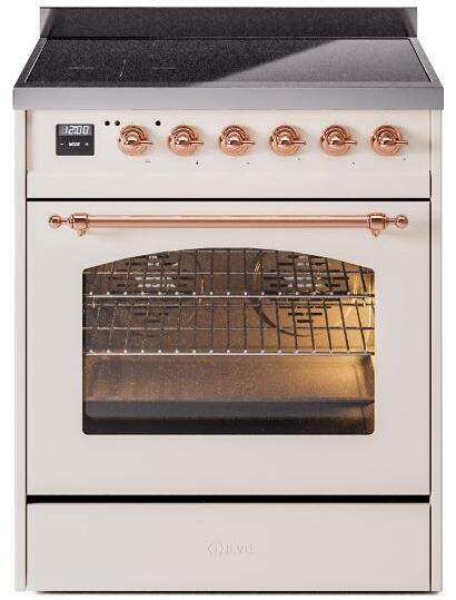 Freestanding induction range with open oven door, antique white finish and copper knobs