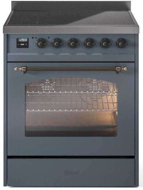 Blue grey freestanding electric induction range with bronze oven handle and control knobs