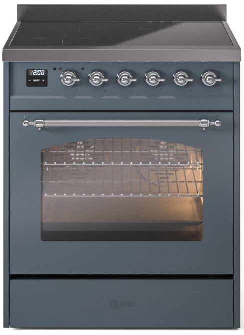 Blue-grey range with oven door open, showing interior racks and control knobs