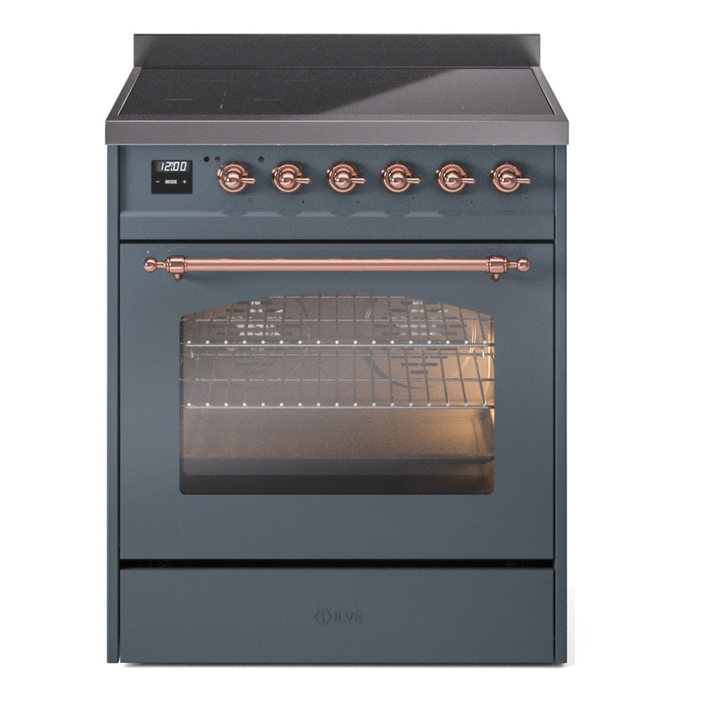 Freestanding electric induction range front view, blue-grey with copper trim and oven interior