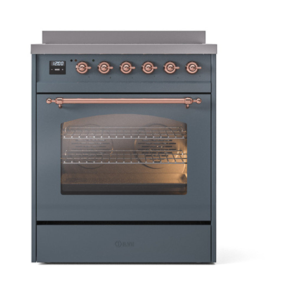 Freestanding electric induction range, blue-grey with copper-trim knobs and closed oven door