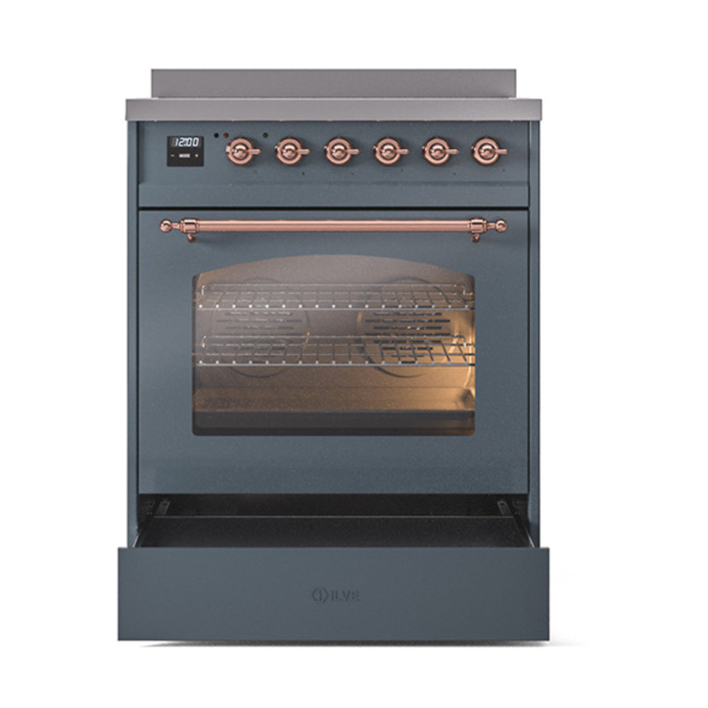Freestanding electric induction range, blue-grey with copper control knobs and oven window