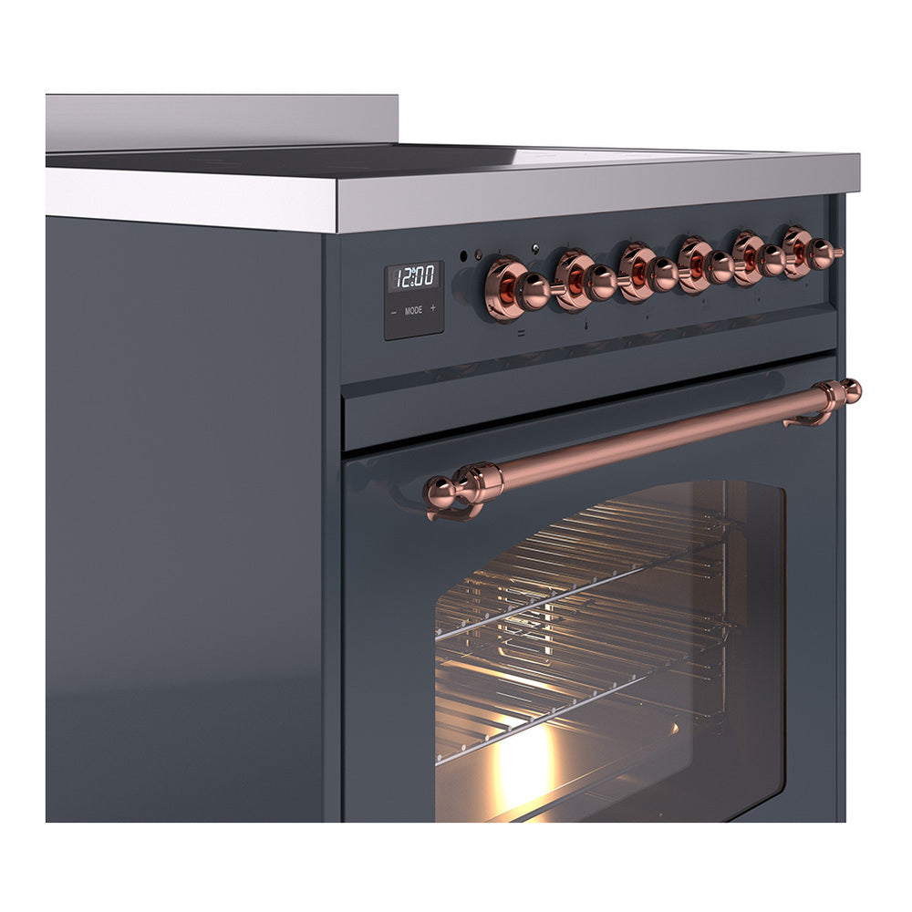 Freestanding electric induction range side view, blue-grey finish with copper control hardware