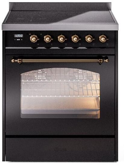 Freestanding glossy black induction range with bronze knobs and closed oven door
