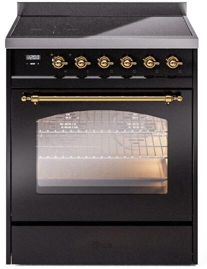 Freestanding electric induction range front view, glossy black with brass knobs and oven window
