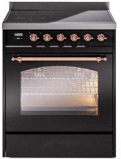 Front view of glossy black induction range with copper-trimmed control knobs and oven door