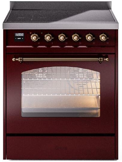 Burgundy electric induction range with bronze knobs and closed oven door window