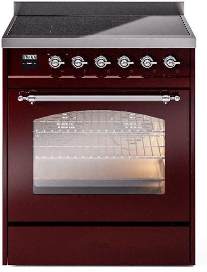 Burgundy freestanding induction range with chrome knobs and oven window