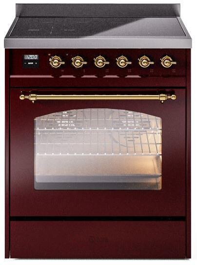 Burgundy freestanding electric induction range with glass oven door and brass oven handle