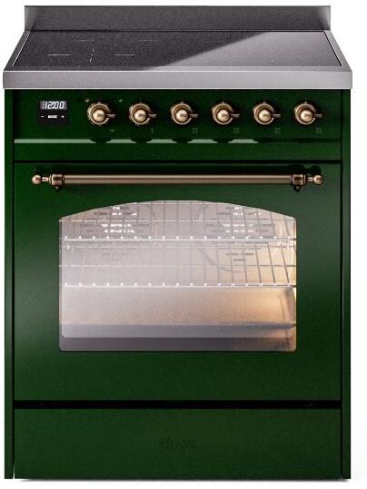 Emerald green freestanding electric induction range front view with oven door and bronze knobs
