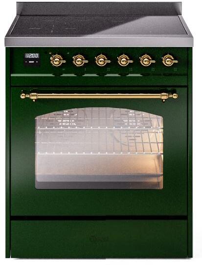 Emerald green freestanding induction range with brass trim, closed oven door, and knobs