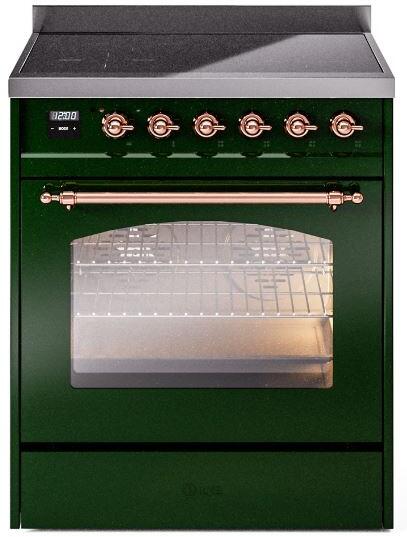 Emerald green induction range with copper knobs and glass oven door closed