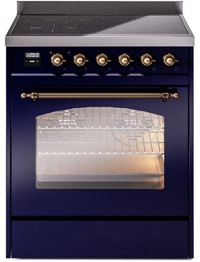 Freestanding induction range front view with oven window and bronze rail handle