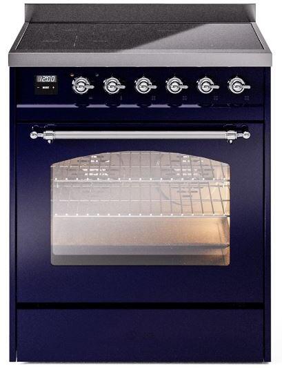 Midnight blue induction range with chrome handle, closed oven door window, and control knobs
