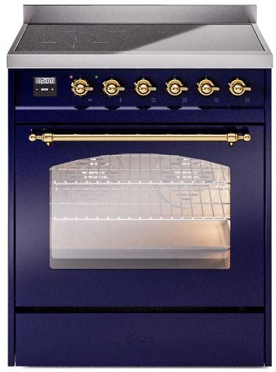 Freestanding electric induction range front view with closed oven door and brass controls