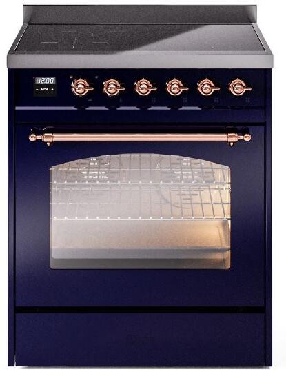 Freestanding induction range front with midnight blue door and copper control knobs