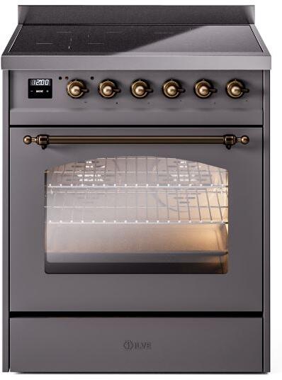Freestanding electric induction range front view with closed door, bronze handle, and knobs.