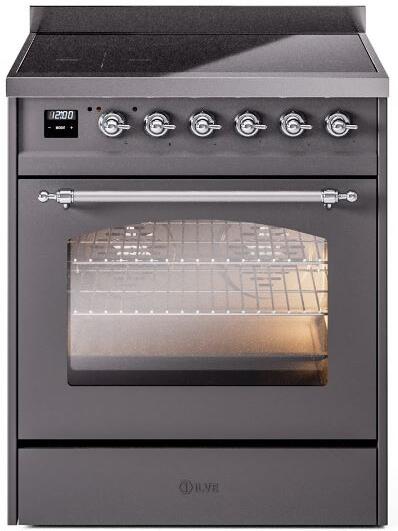 Freestanding induction range with matte graphite finish, control panel, and closed oven door