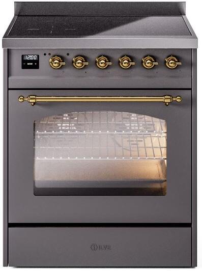 Matte graphite freestanding induction electric range with brass-trim oven door and knobs