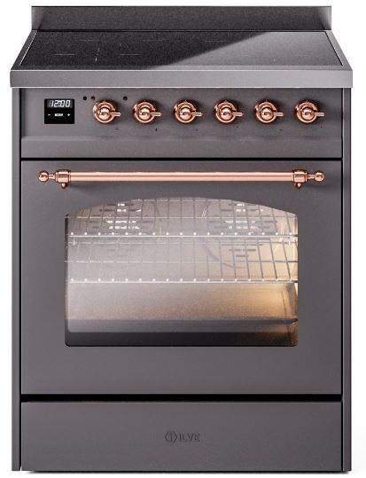 Matte graphite freestanding induction range with copper-trimmed handle and oven window