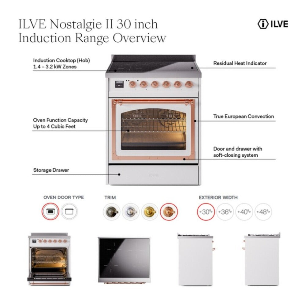 ILVE Nostalgie II 30-Inch Freestanding Electric Induction Range in Mediterranean Mint with Burnished Bronze Trim (UPI304NMPMMB)