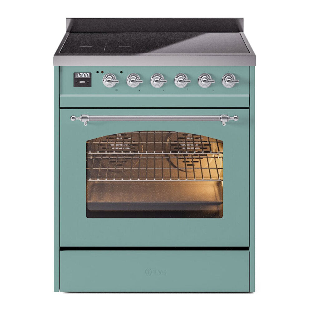 ILVE Nostalgie II 30-Inch Freestanding Electric Induction Range in Mediterranean Mint with Chrome Trim (UPI304NMPMMC)