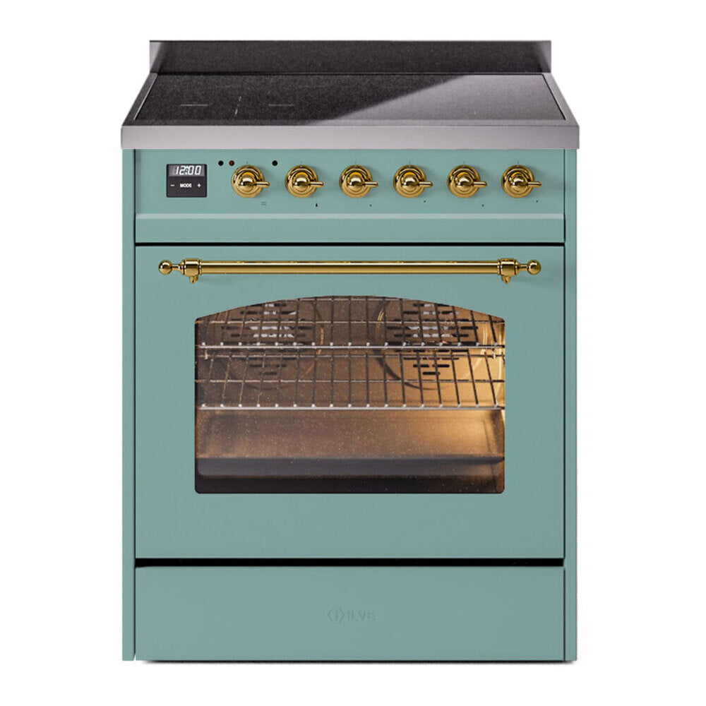 ILVE Nostalgie II 30-Inch Freestanding Electric Induction Range in Mediterranean Mint with Brass Trim (UPI304NMPMMG)