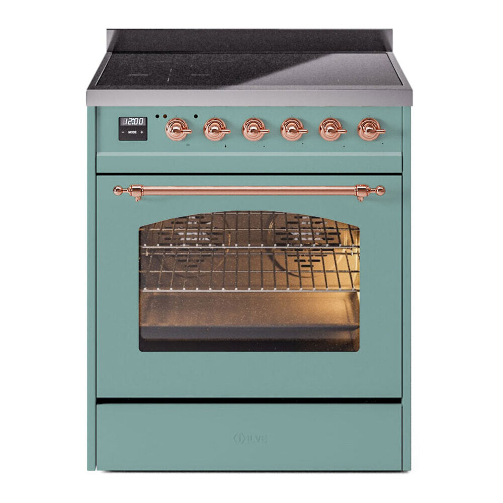 ILVE Nostalgie II 30-Inch Freestanding Electric Induction Range in Mediterranean Mint with Copper Trim (UPI304NMPMMP)
