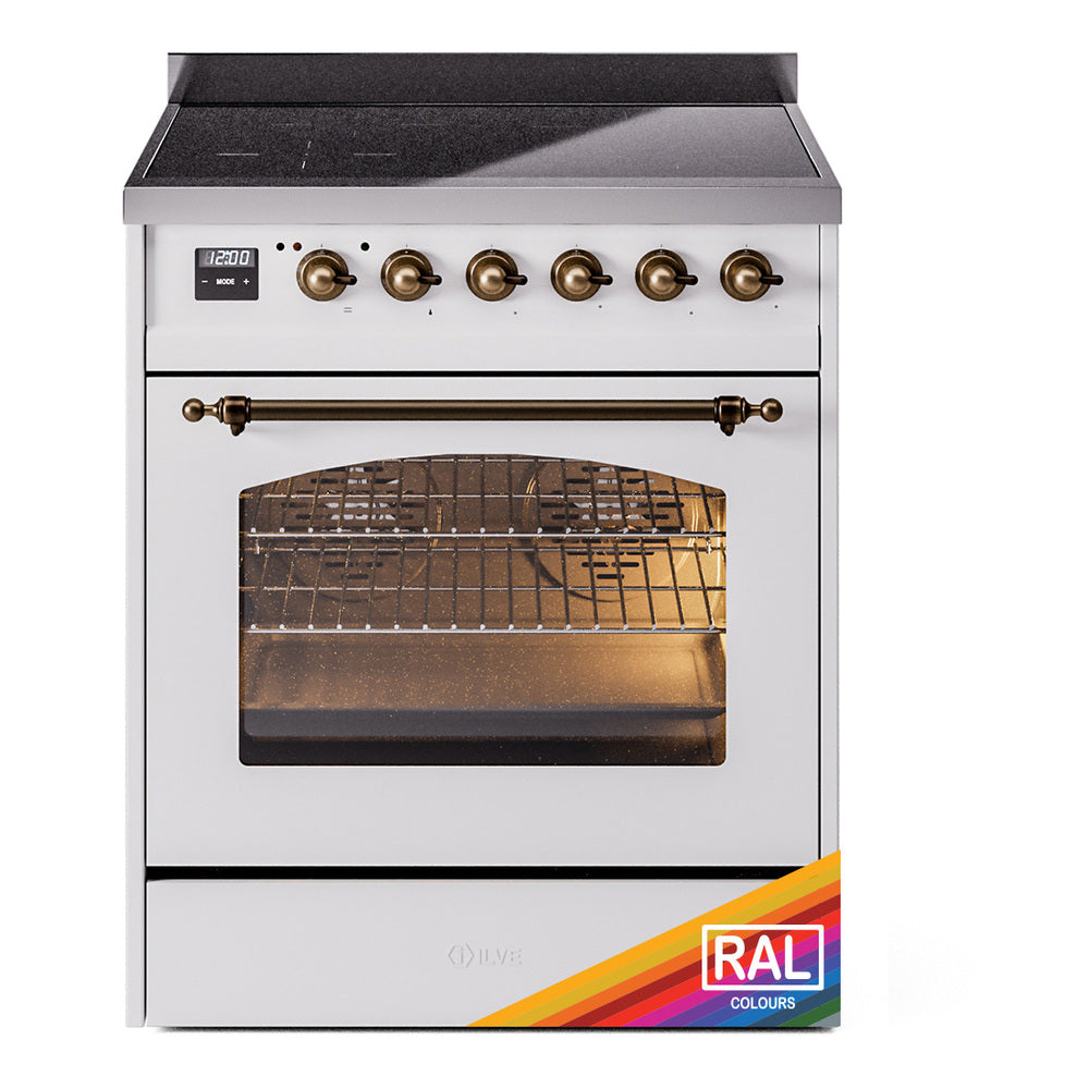 White freestanding electric induction range with oven window and bronze control knobs