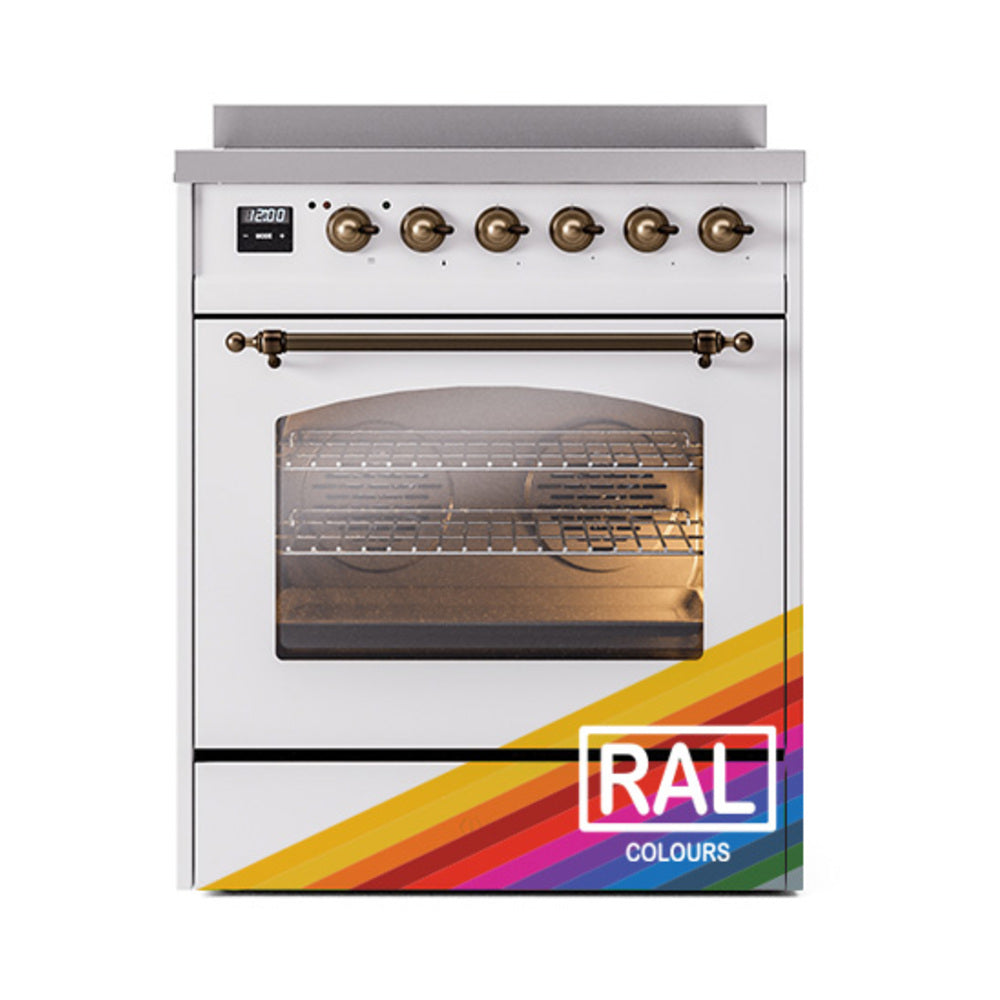 White freestanding electric induction range with oven window and bronze knob controls