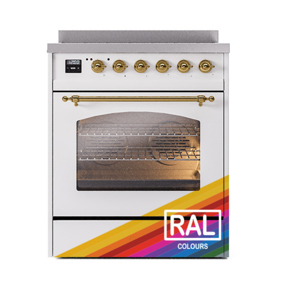 Freestanding induction range, open oven with brass knobs and RAL color label