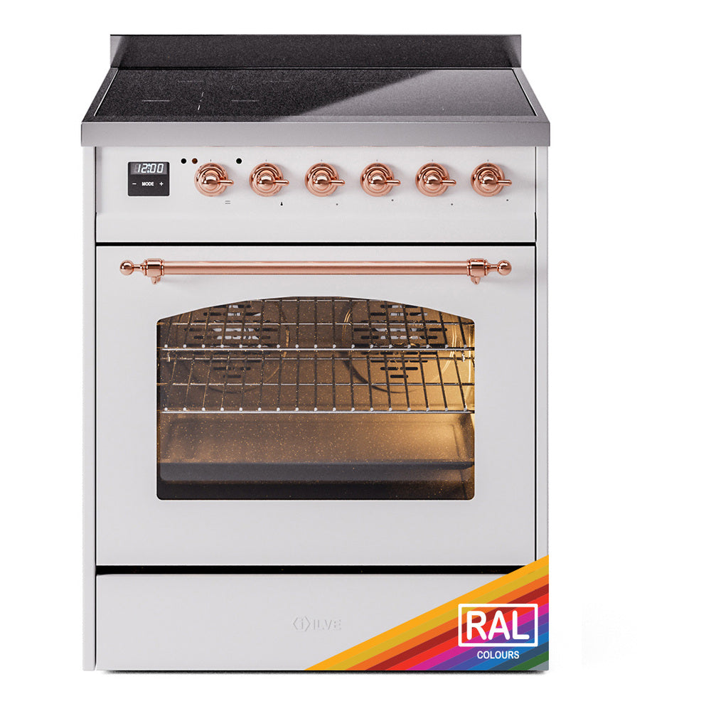 Electric induction range with open oven door, wire racks, and copper handle rails