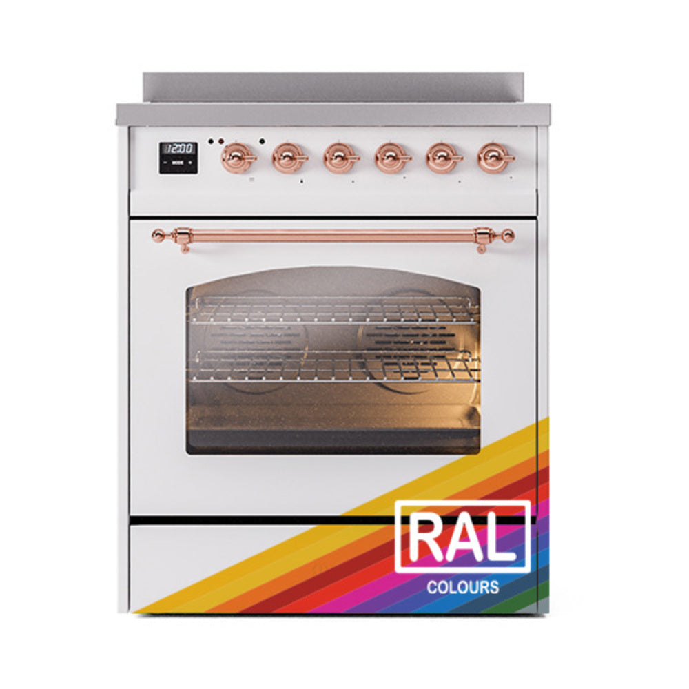 Freestanding electric induction range with closed glass oven door and copper-trim accents