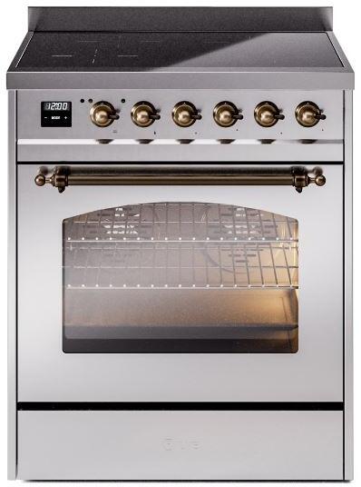 Stainless steel induction range front view with bronze knobs and glass oven door